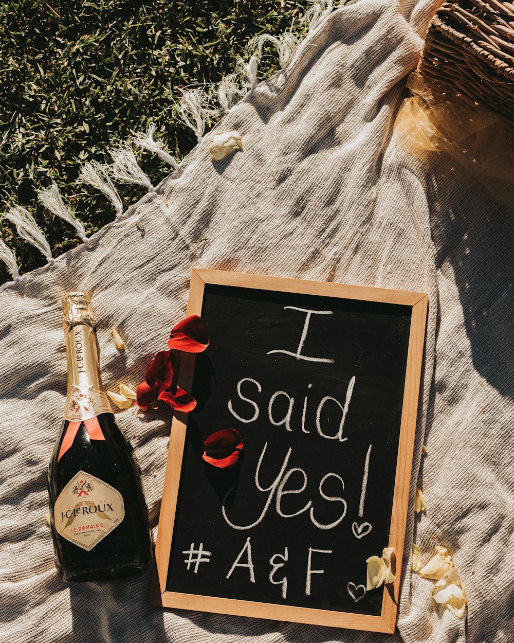 a bottle of wine and a sign on a blanket