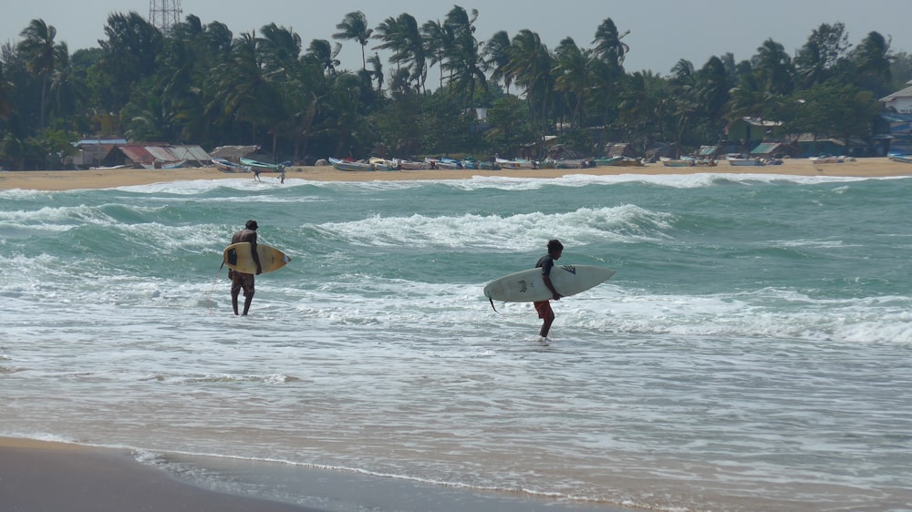 two surfers walking into the ocean with their surfboards