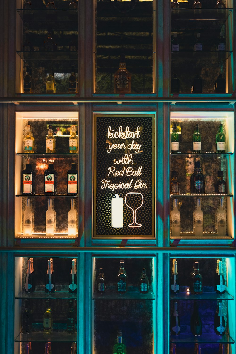 a display of liquor bottles in a window