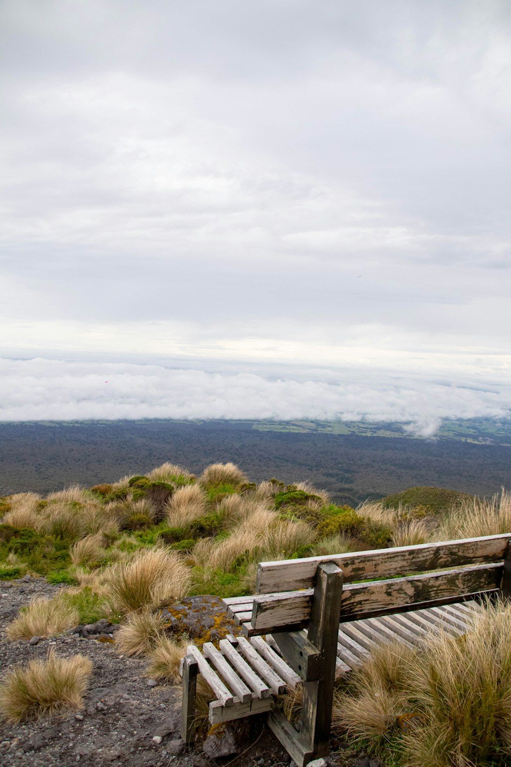 a wooden bench sitting on top of a grass covered hillside