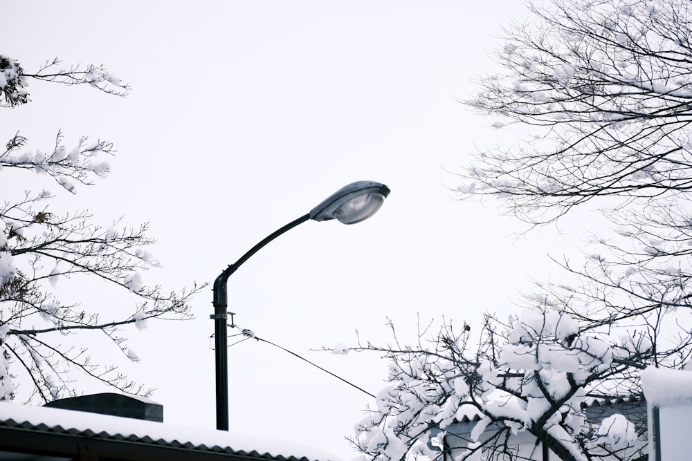 a street light on a pole in the snow