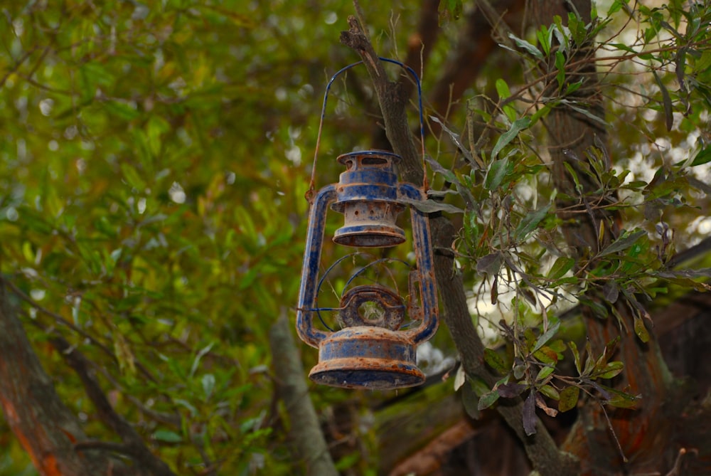 a rusted metal lantern hanging from a tree