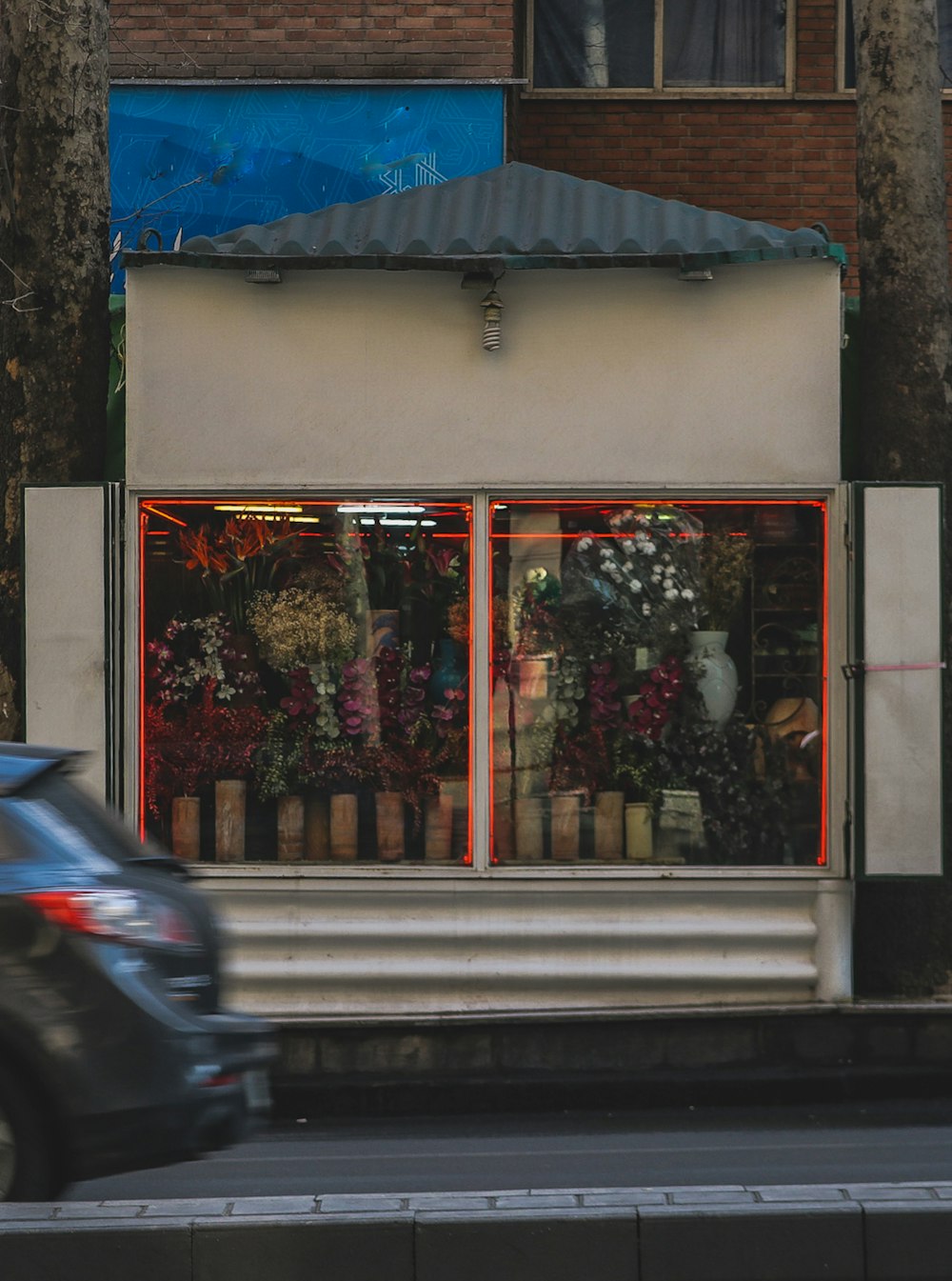 a car drives past a flower shop on a city street