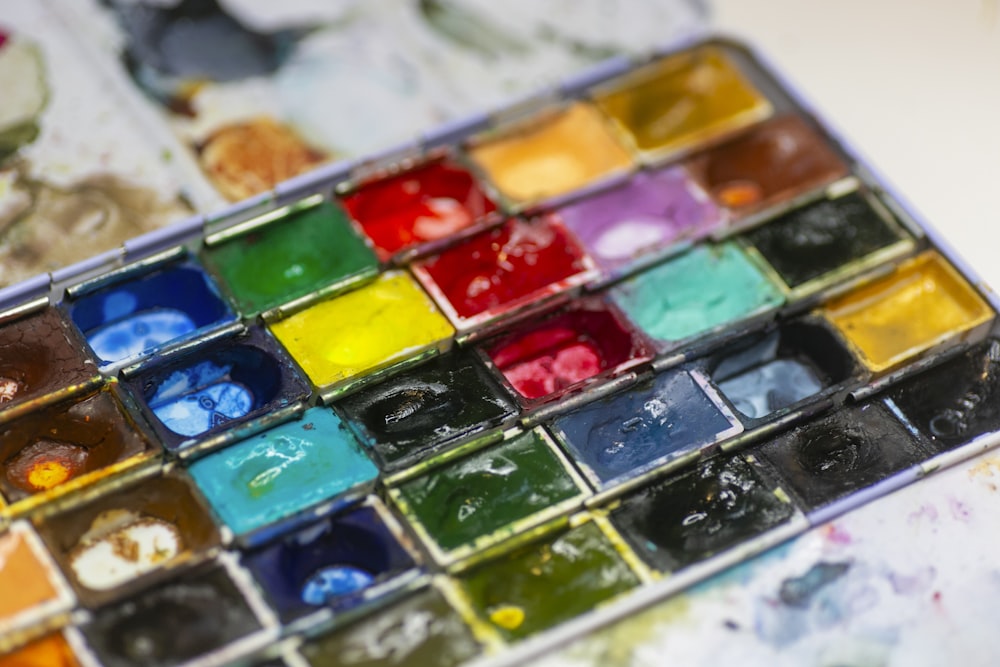 a close up of a palette of paint