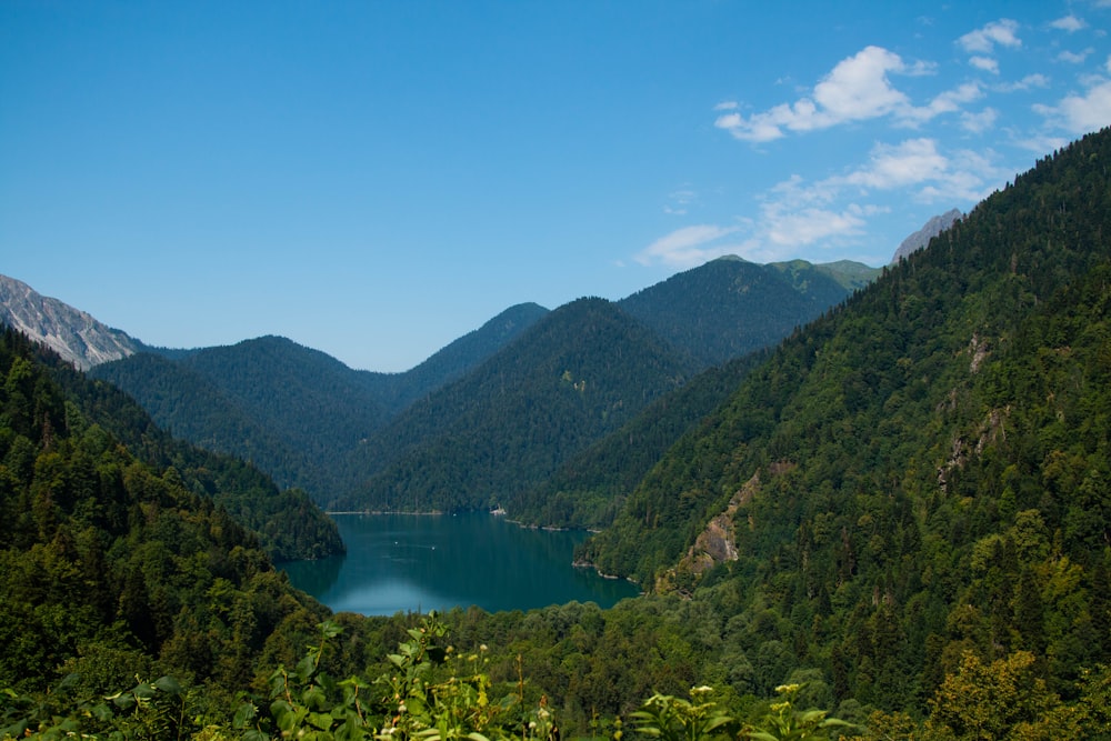 a view of a lake surrounded by mountains