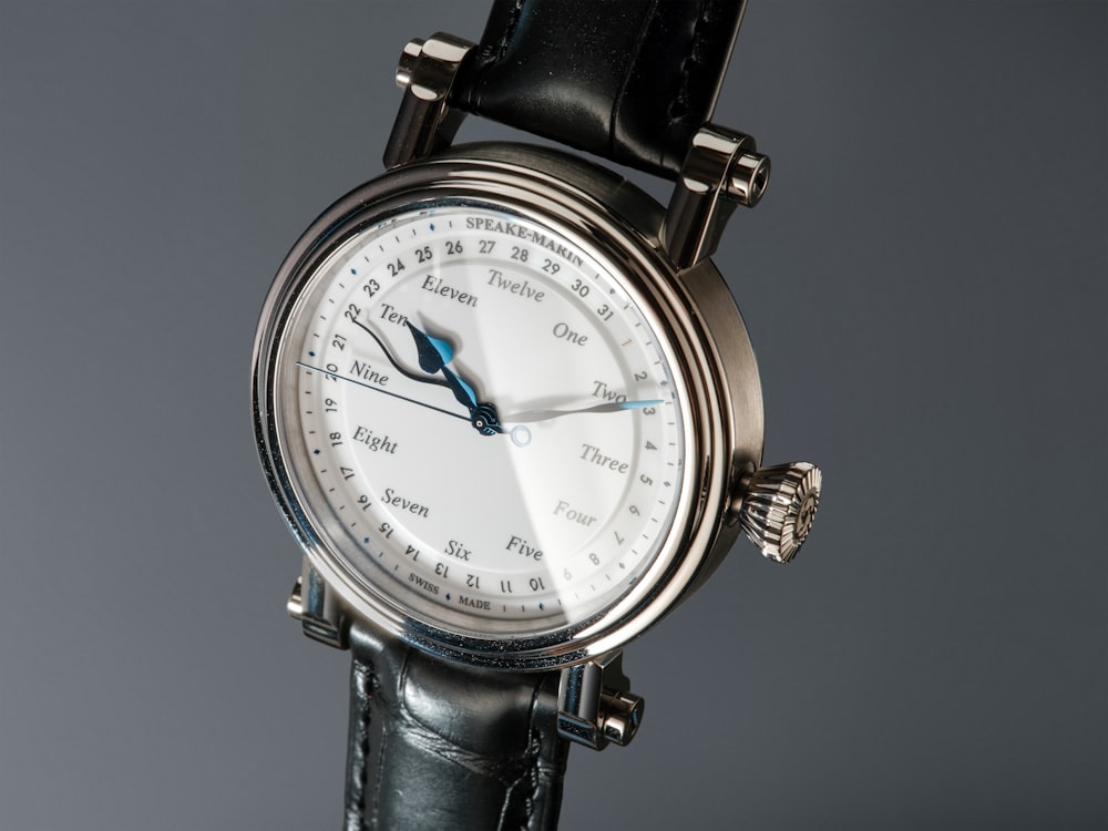 a close up of a wrist watch with a black strap