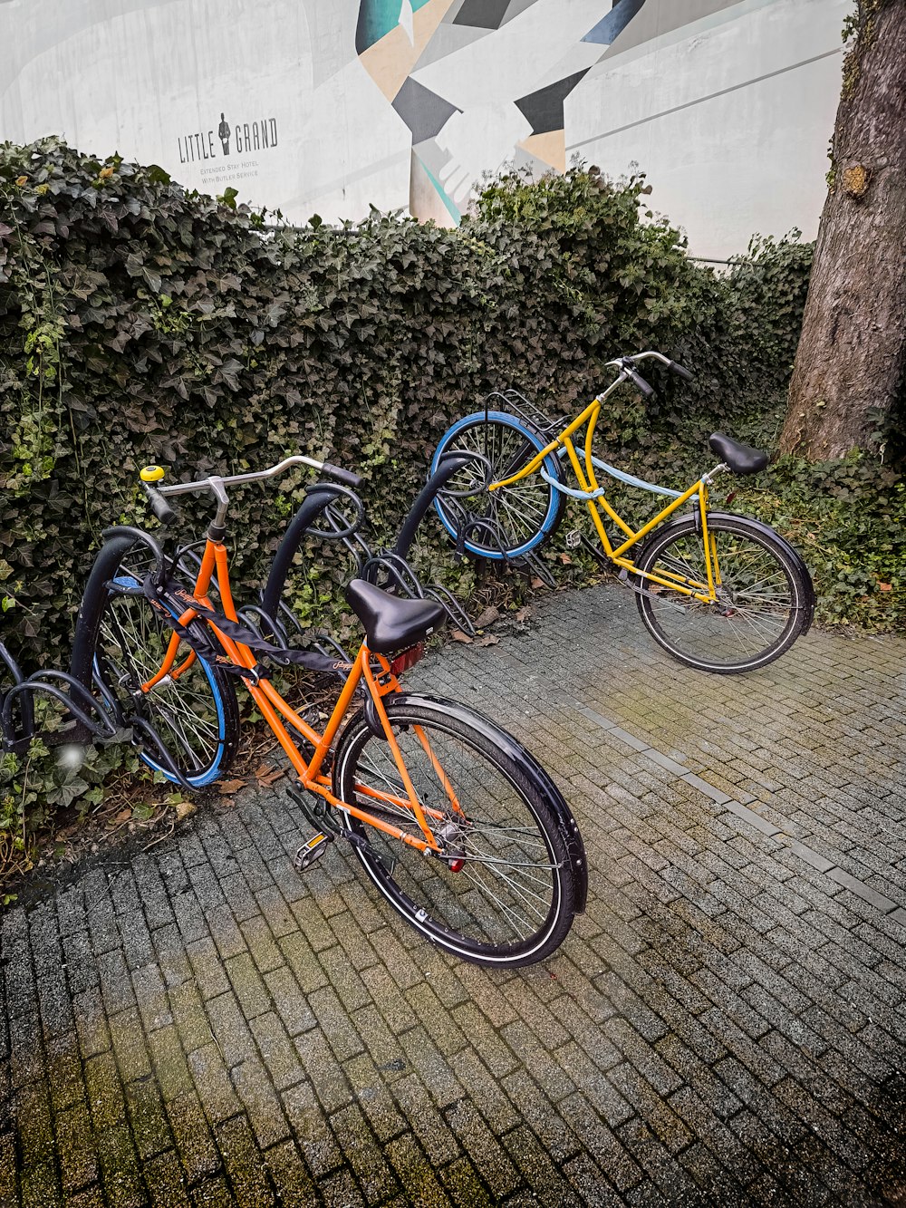 una fila di biciclette parcheggiate una accanto all'altra su un marciapiede