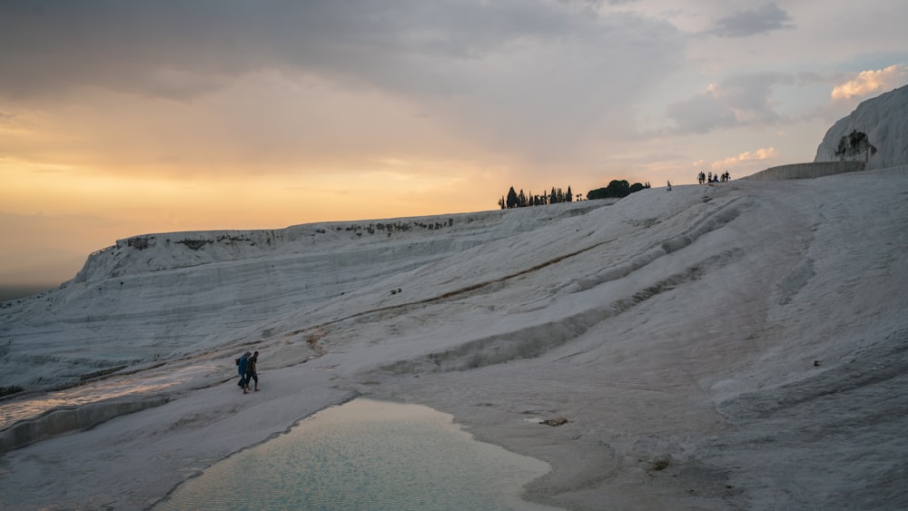 a group of people standing on top of a snow covered slope