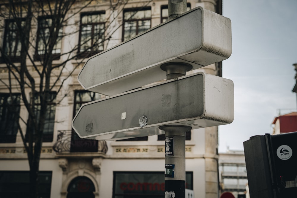 a close up of a street sign with a building in the background