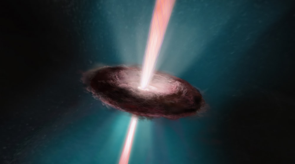 an image of a black hole with a red light coming out of it