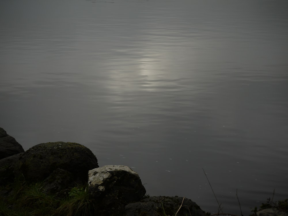 a body of water with rocks in the foreground