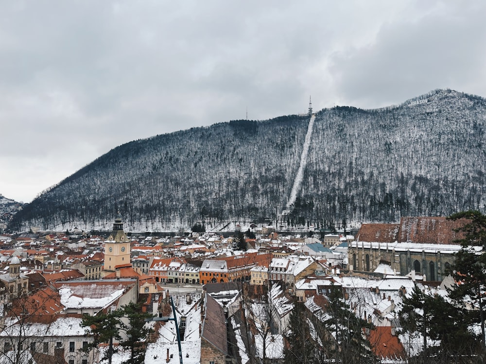 a snowy city with a mountain in the background