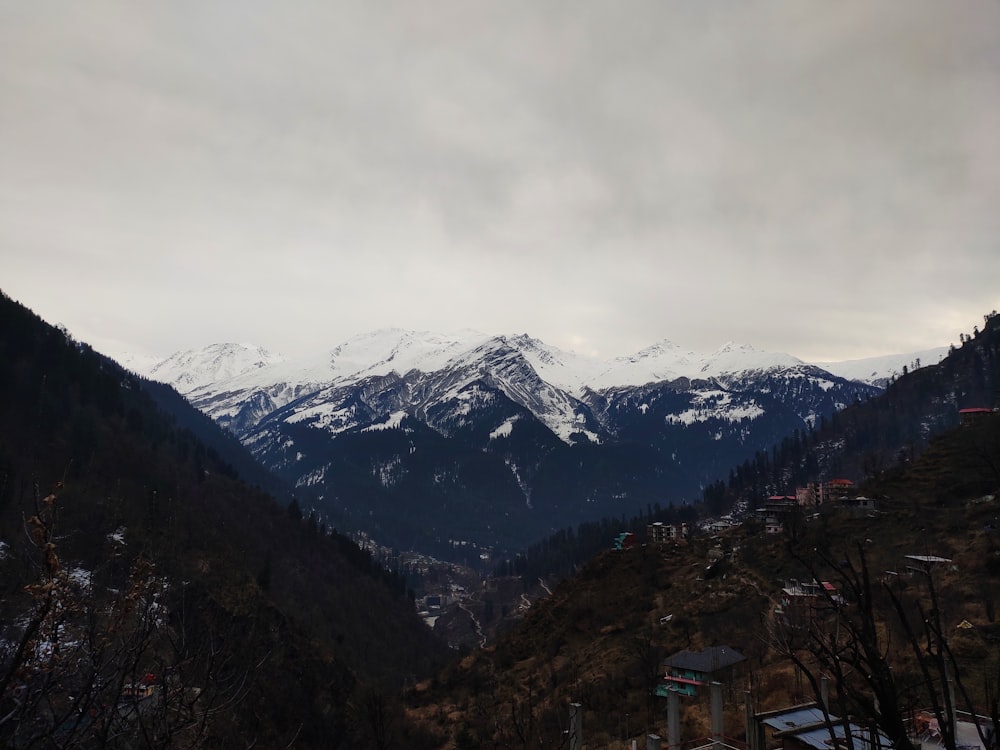 a view of a snowy mountain range from a distance