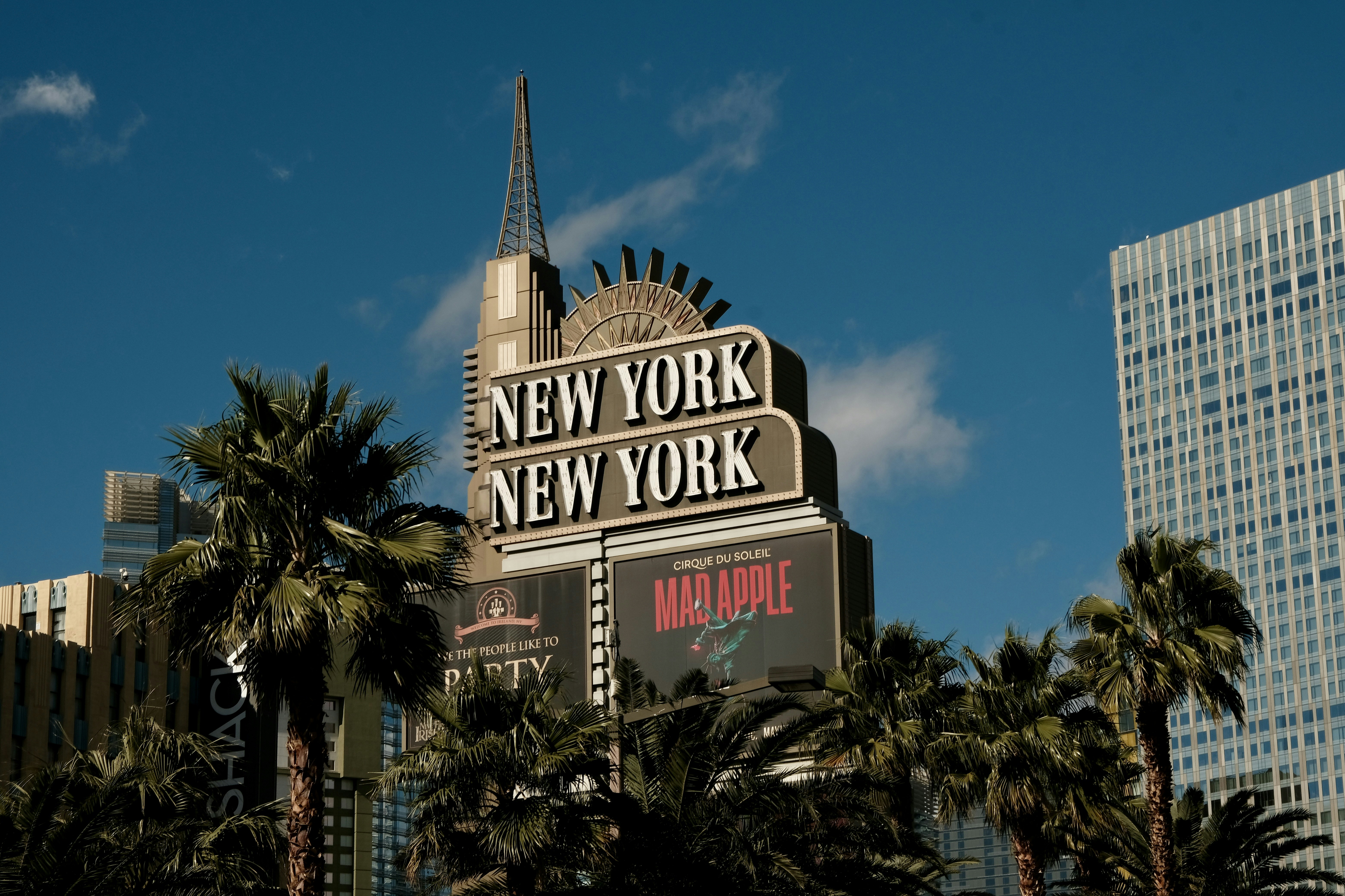 a view of the new york new york sign and palm trees