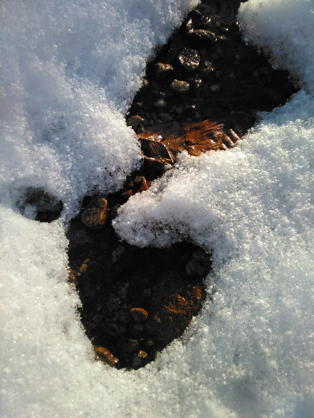 una corriente de agua que corre a través del suelo cubierto de nieve