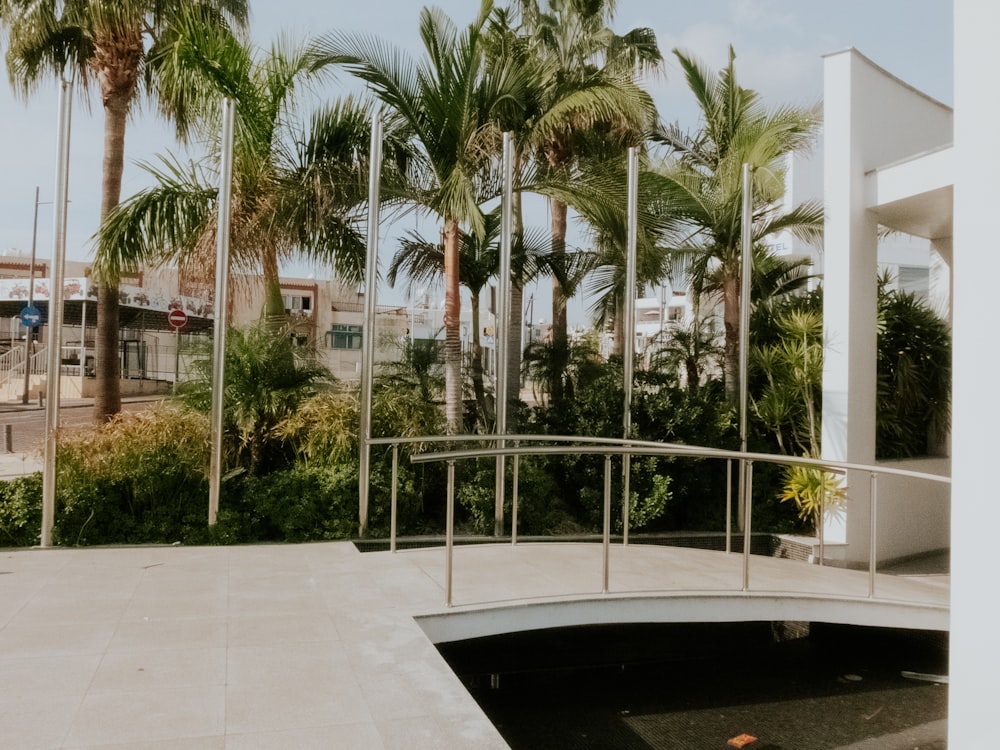 a bridge over a river with palm trees in the background