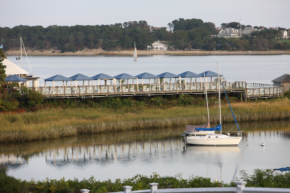 a boat is docked in the water near a pier