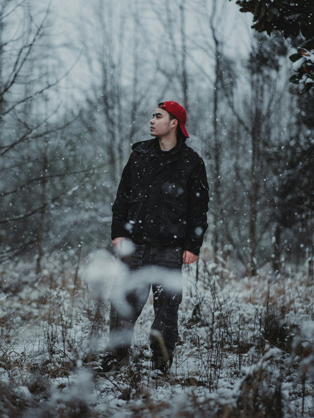 a man standing in a snowy forest with a frisbee