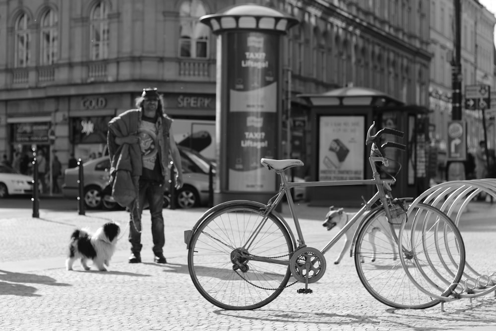 a bicycle parked on the side of a street next to a dog