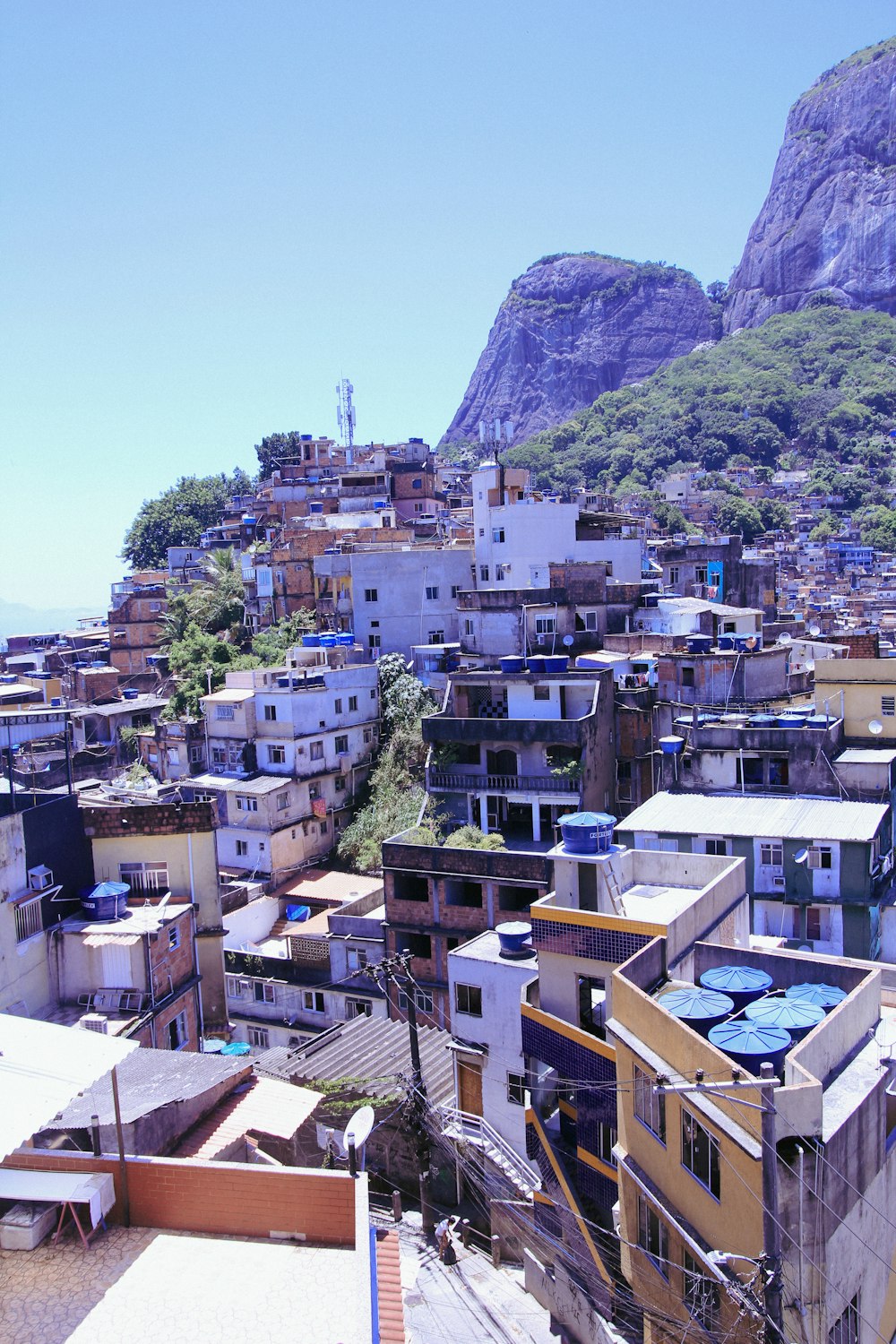 a view of a city with a mountain in the background