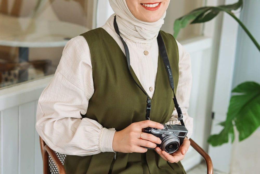 a woman in a hijab holding a camera