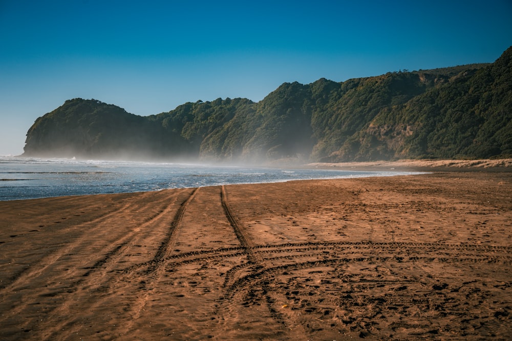 a sandy beach with a mountain in the background