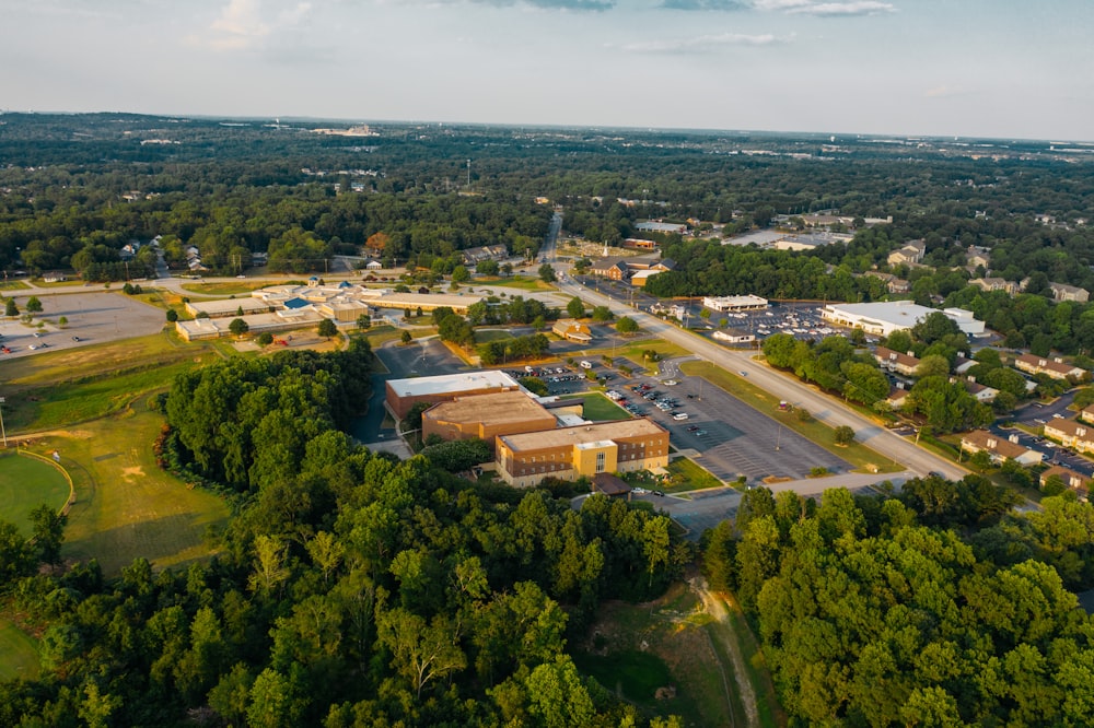 an aerial view of a parking lot and a parking lot