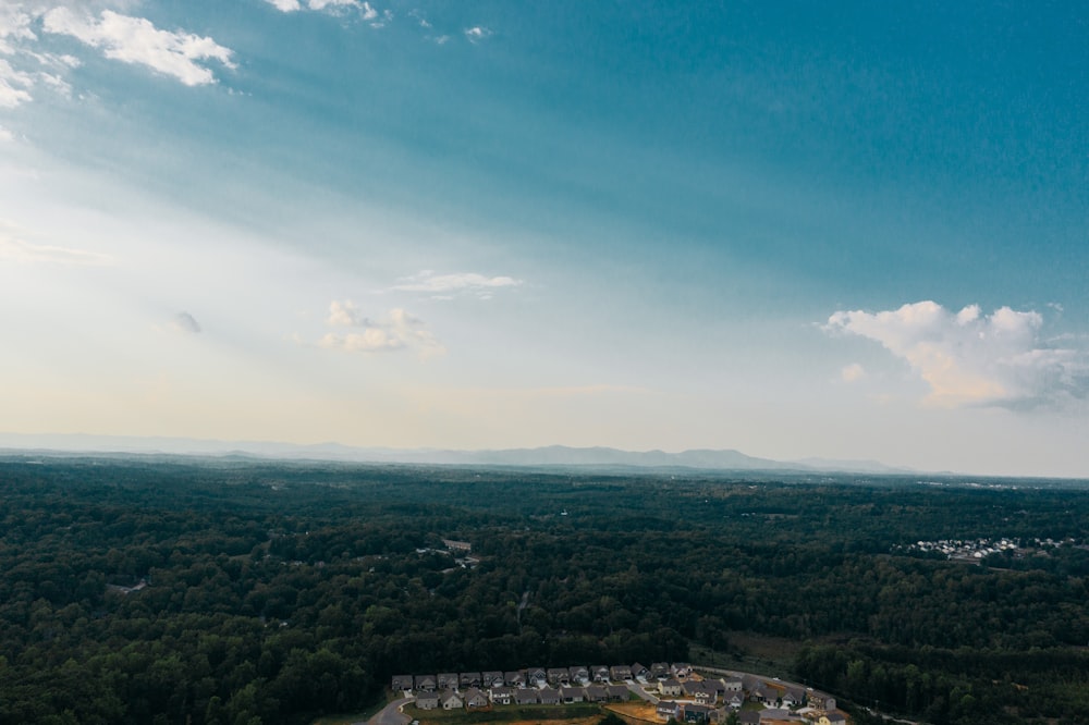 a bird's eye view of a town surrounded by trees