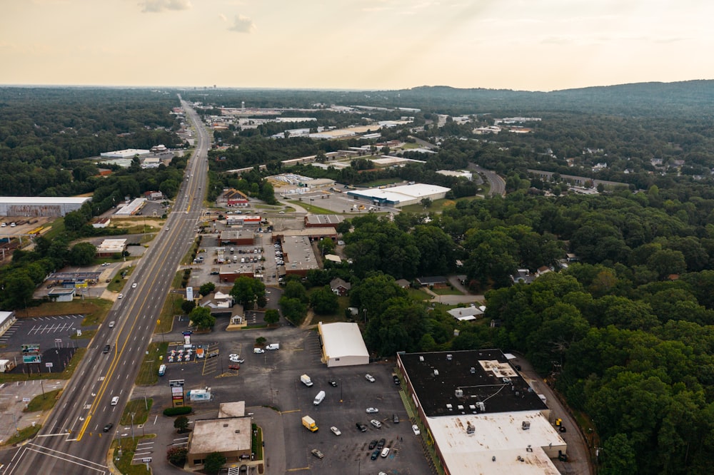 an aerial view of a city with lots of trees