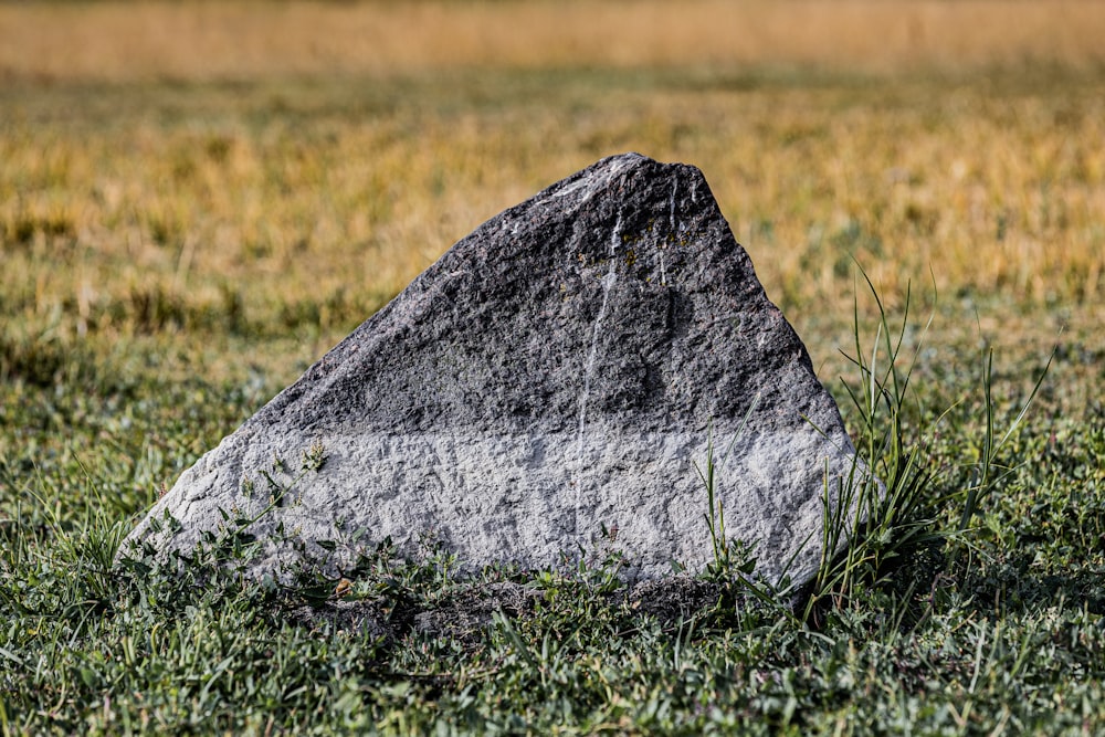 a large rock sitting in the middle of a field