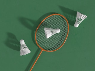 a badminton racket and two shuttles on a green surface