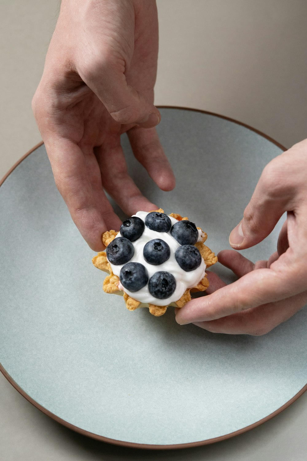 a person holding a pastry with blueberries on top of it