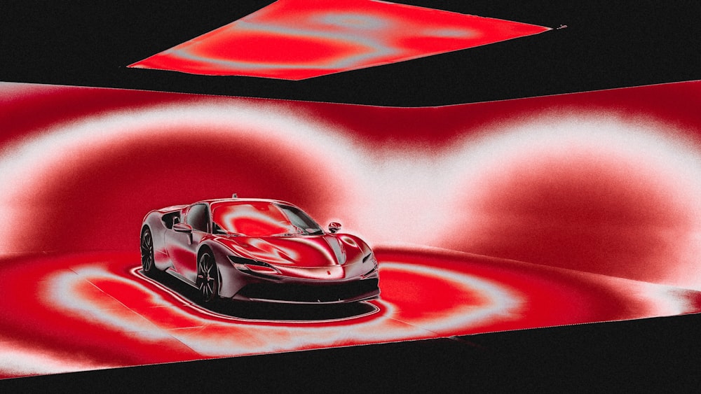 a painting of a car in a red and black room