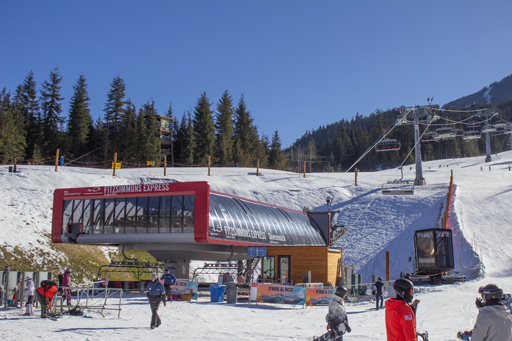 a group of people standing on top of a snow covered slope