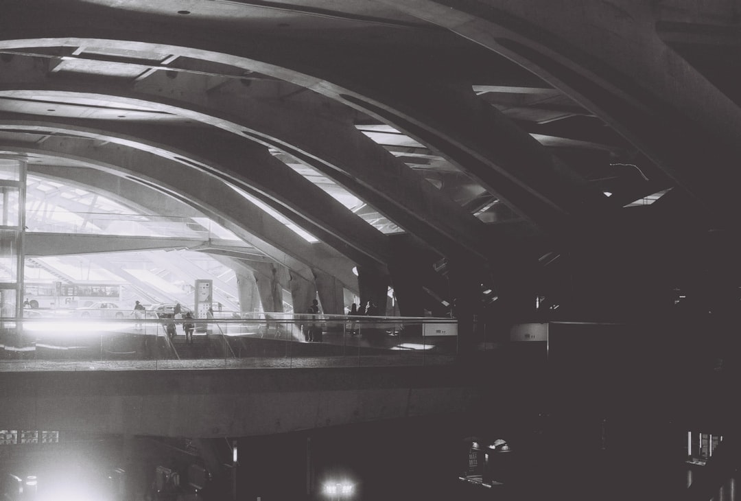 a black and white photo of a train station, The inside of the Oriente train station in Lisbon Portugal features striking interior design.