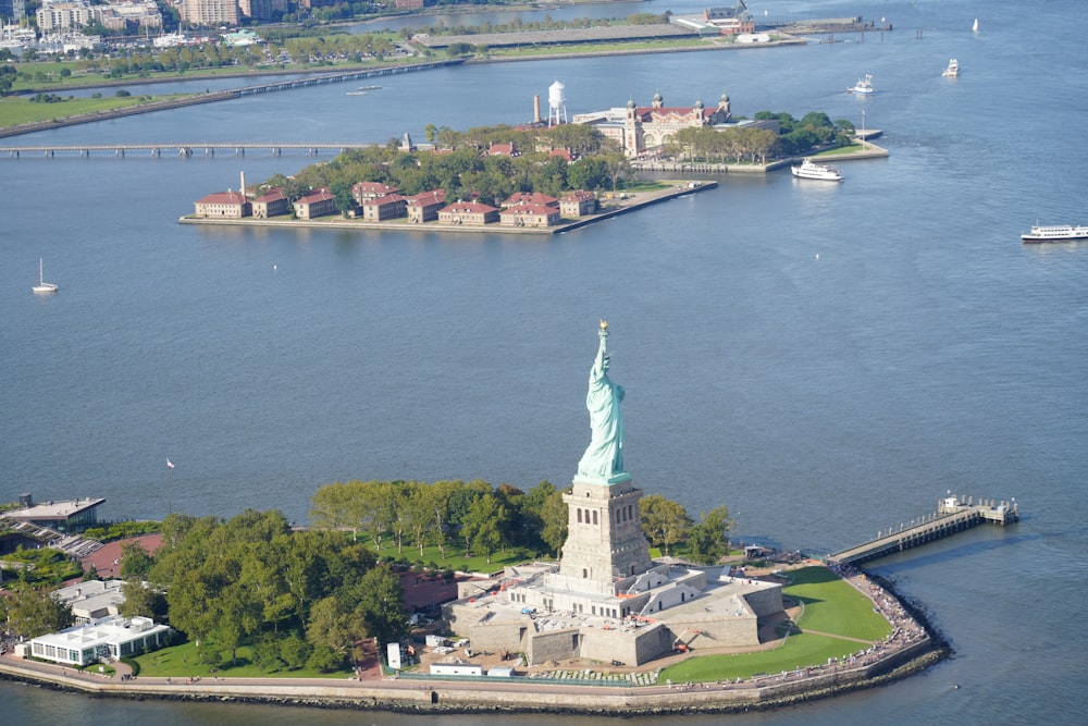 an island with a statue of liberty on top of it
