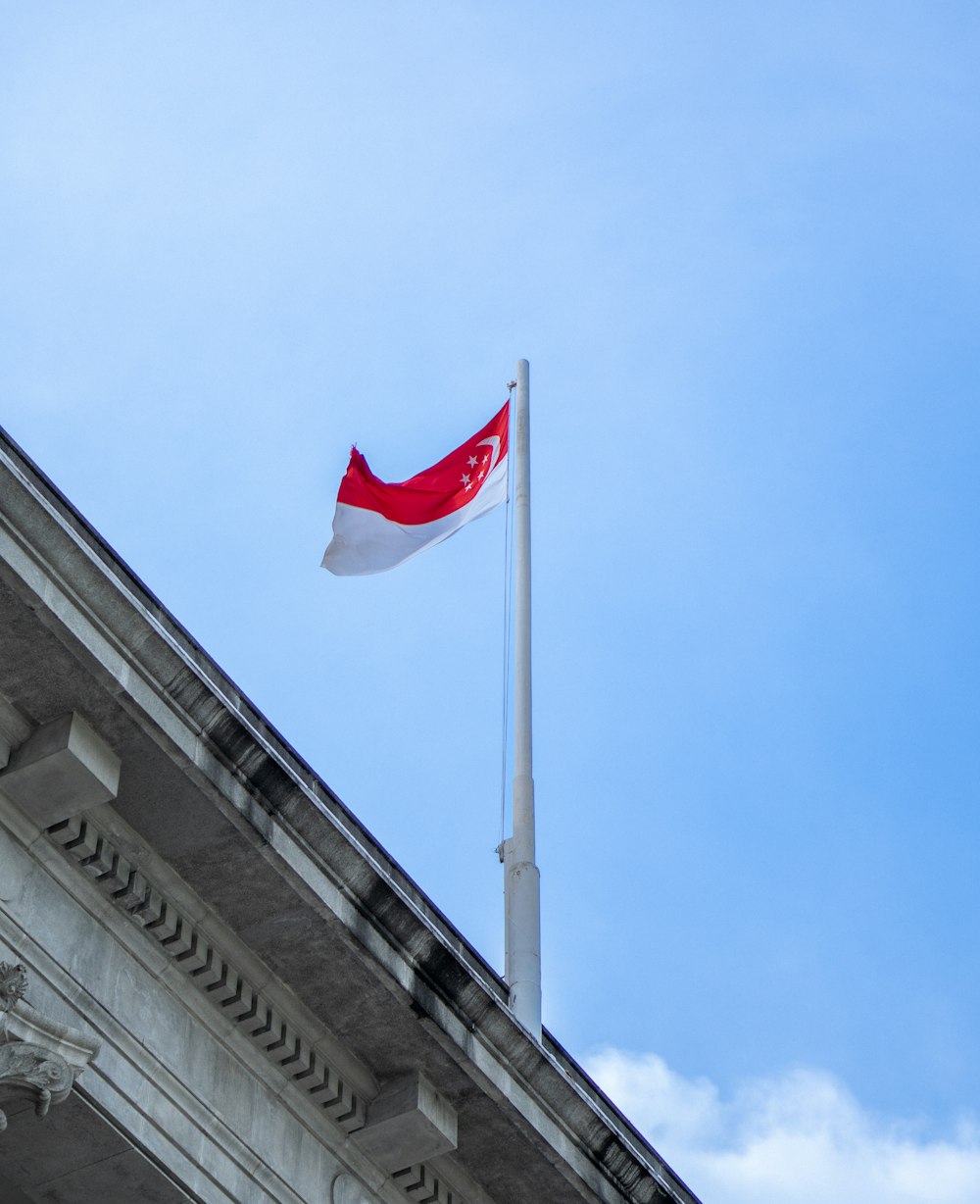 a red and white flag flying on top of a building