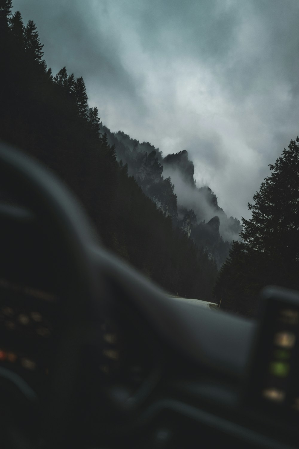 a car driving down a road next to a forest