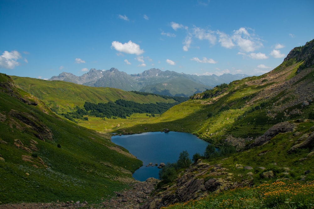 a lake in a valley surrounded by mountains