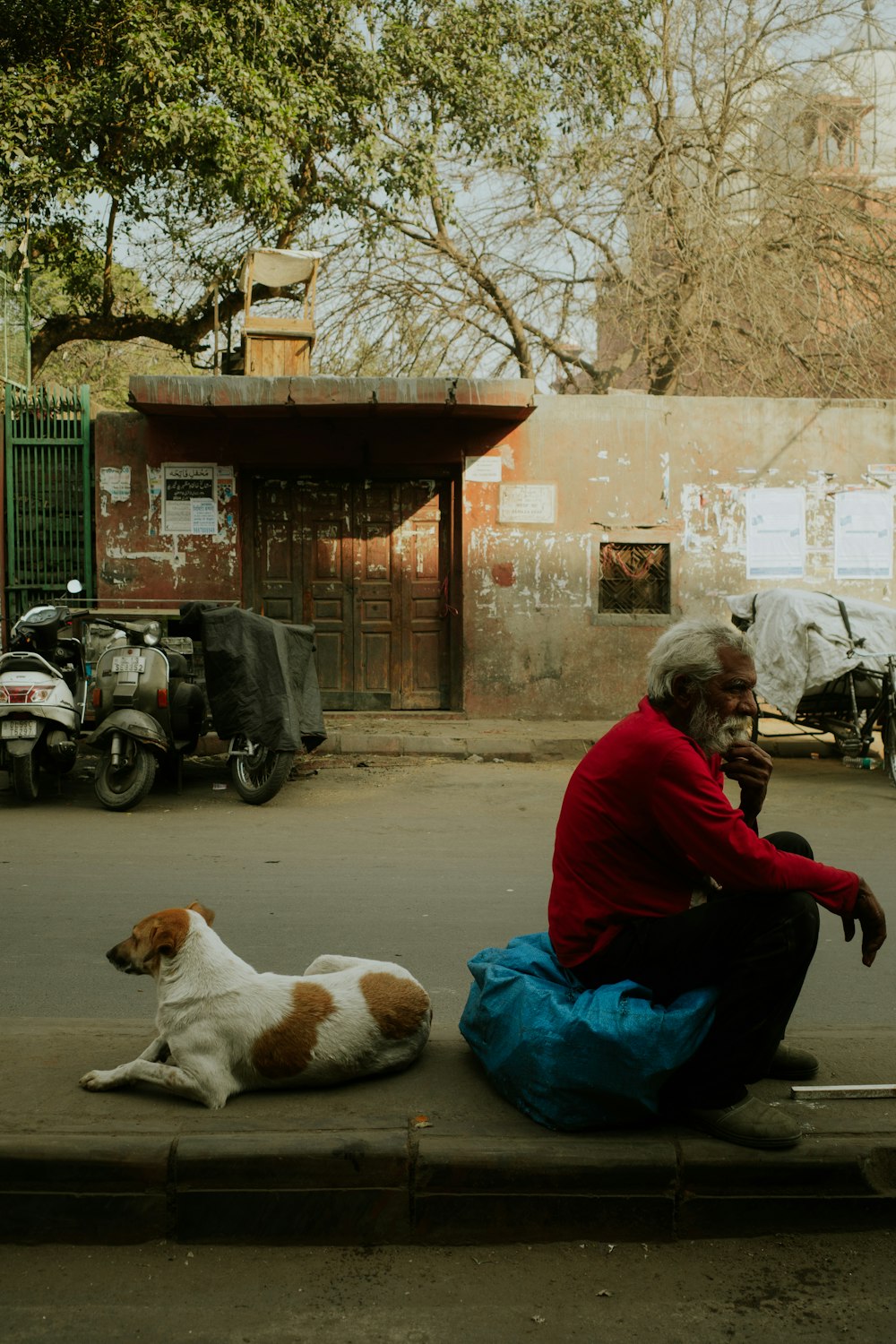 a man sitting on the side of a road next to a dog