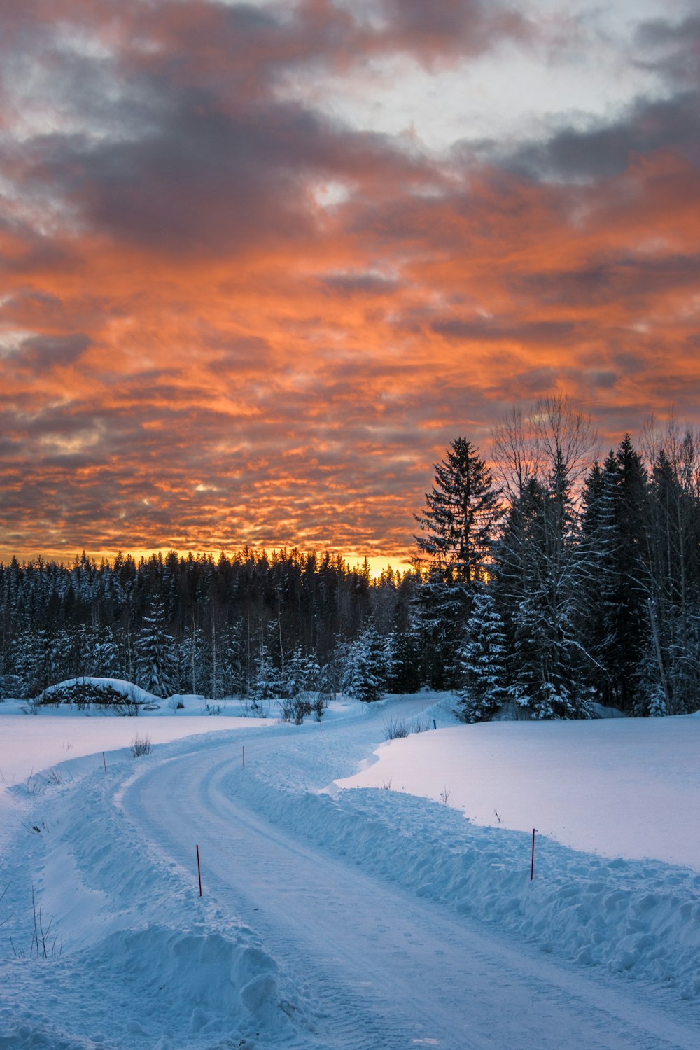uma estrada nevada com um pôr do sol ao fundo