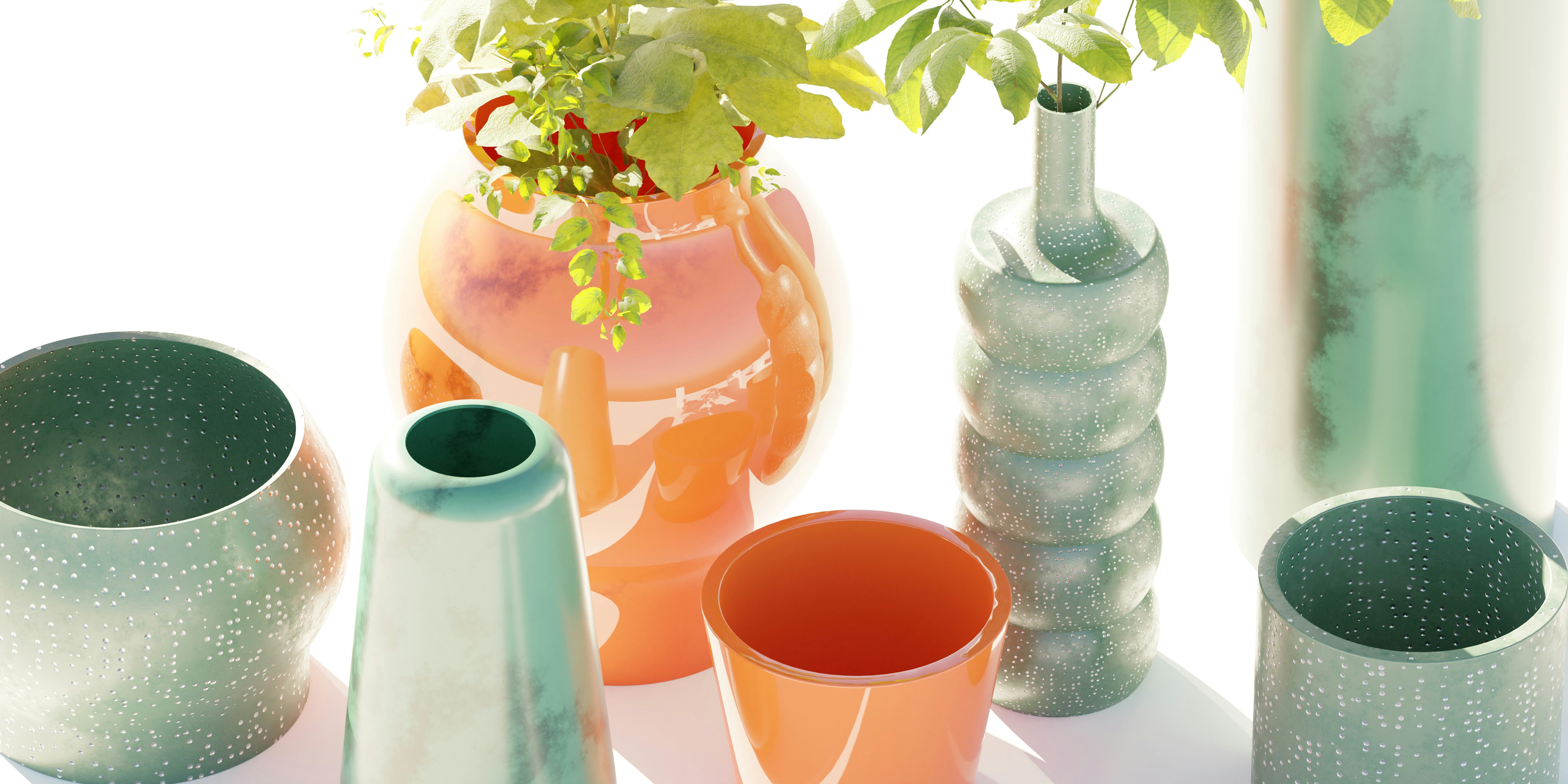 A group of vases sitting next to each other on a table photo – Free ...