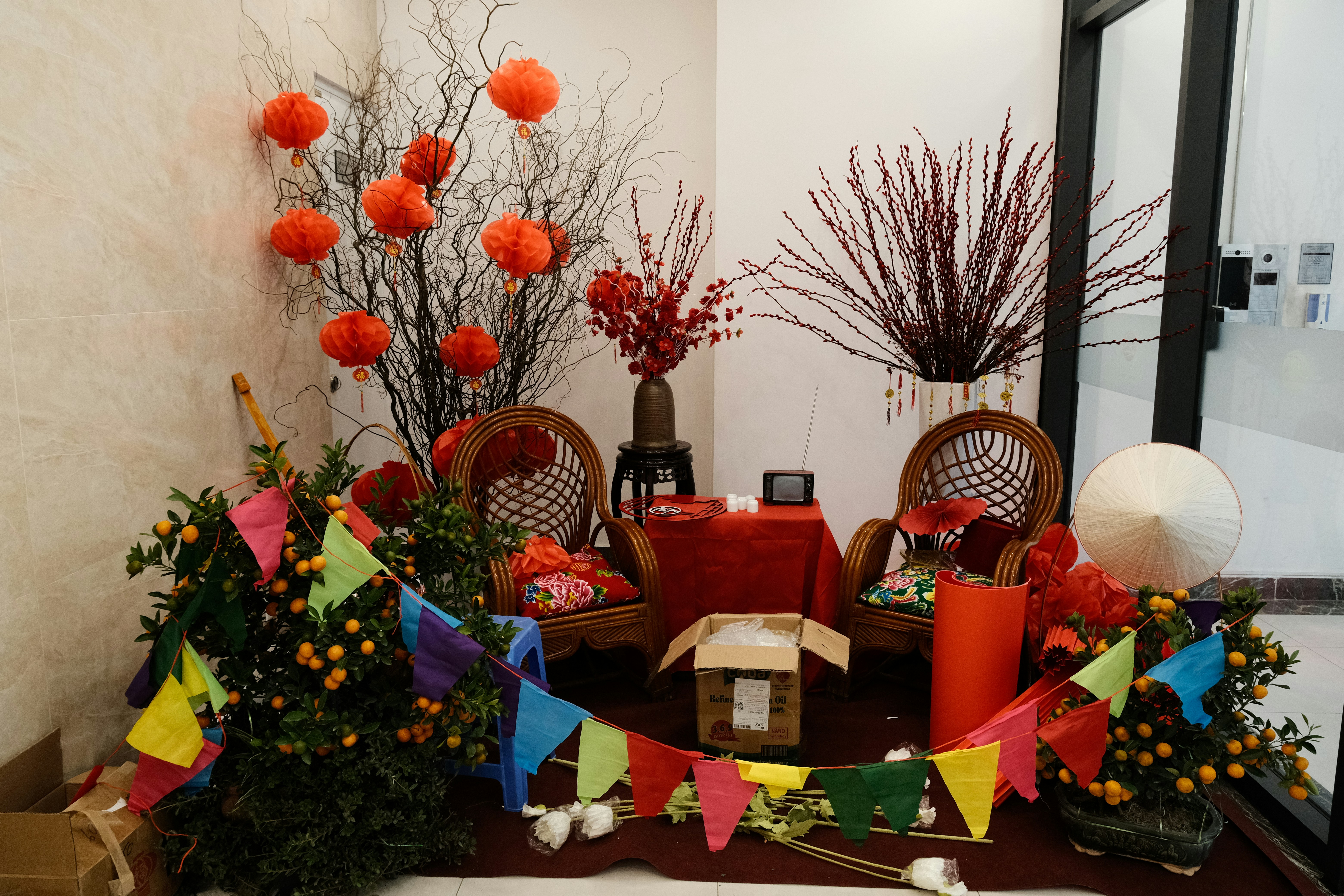 Celebration of life gathering with colorful decorations, photos, and memory sharing setup - American-funeral