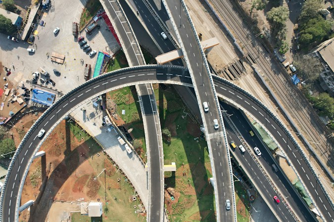 Aerial view of a multi-ramp highway interchange, similar in layout to the 215 Beltway and Summerlin Parkway rebuild in northwest Las Vegas