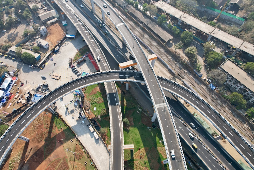 an aerial view of a highway with multiple lanes