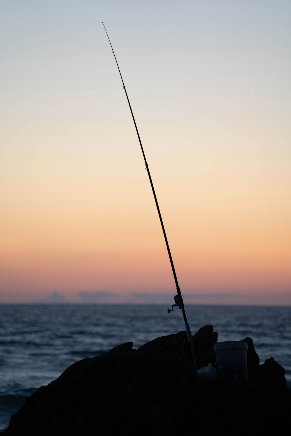 a fishing rod on a rock with the ocean in the background