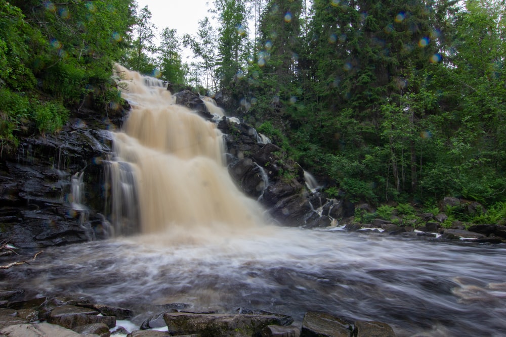 a large waterfall in the middle of a forest