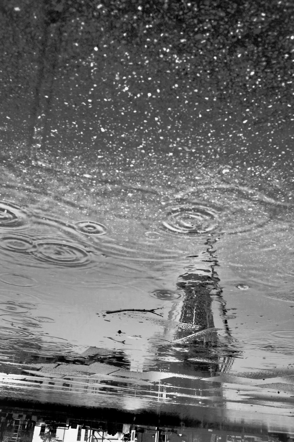 a reflection of a building in a puddle of water