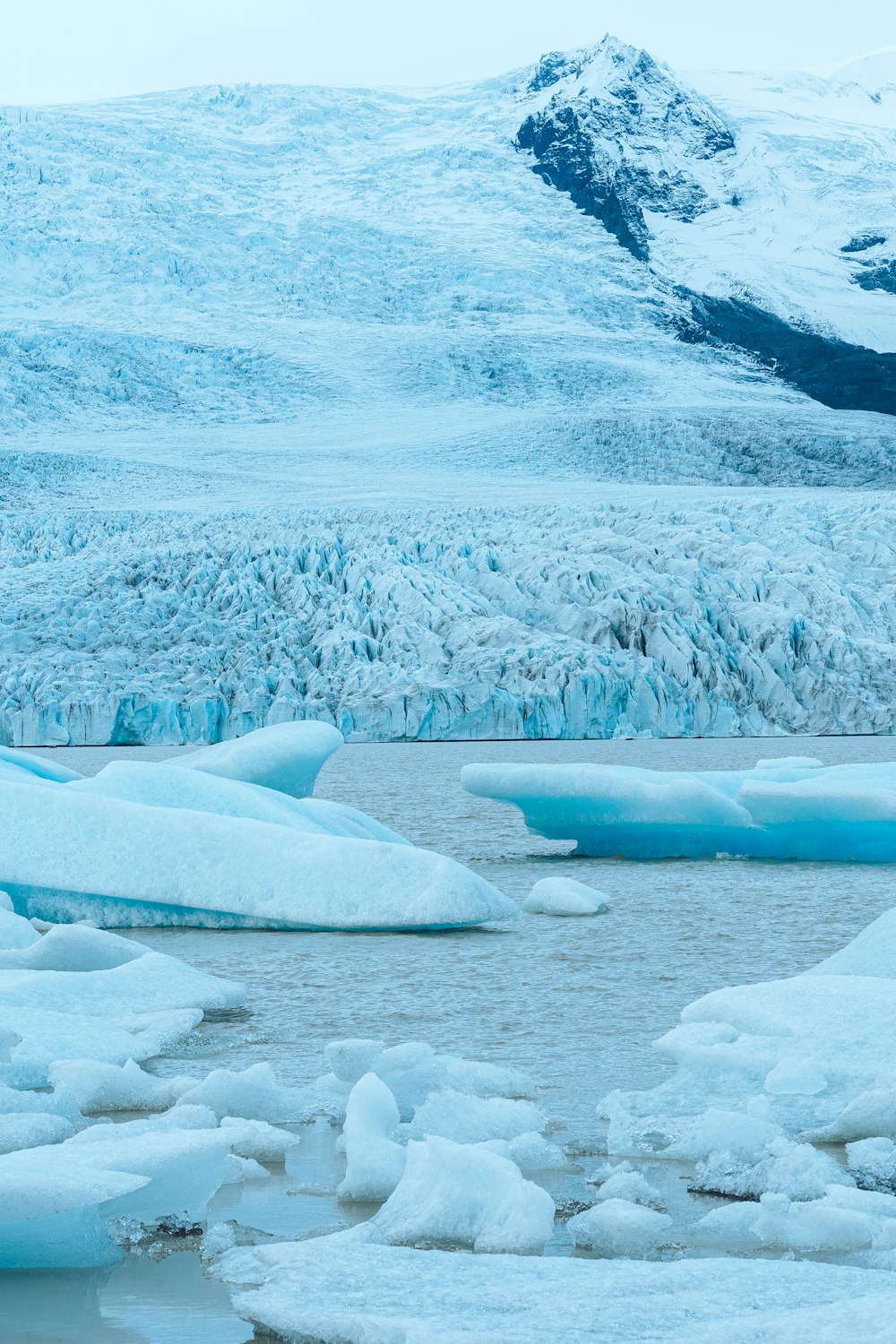 a group of icebergs floating on top of a body of water