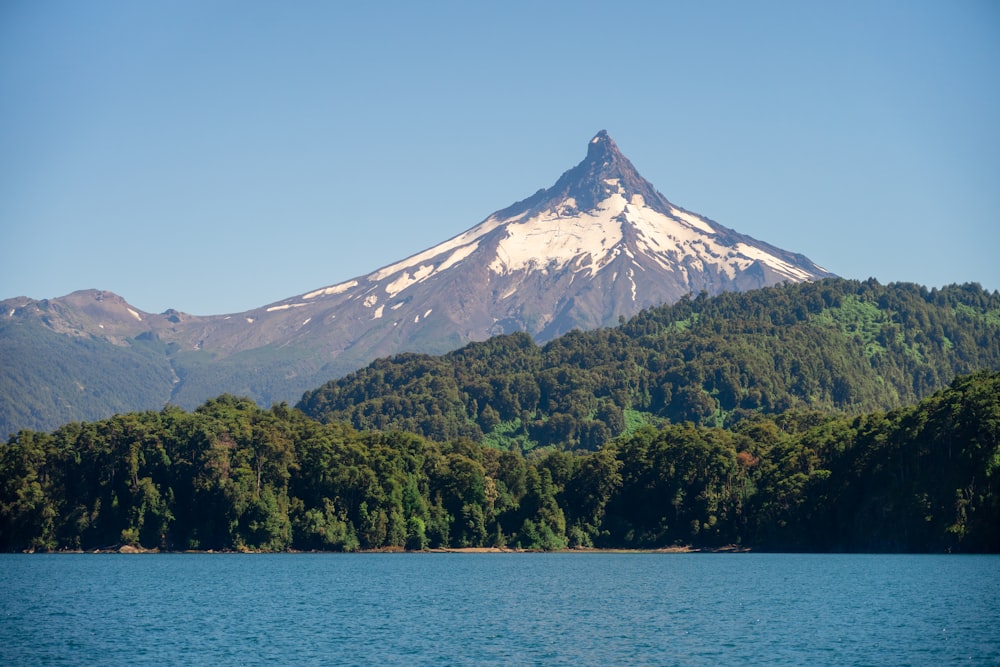 a snow covered mountain rises above a body of water